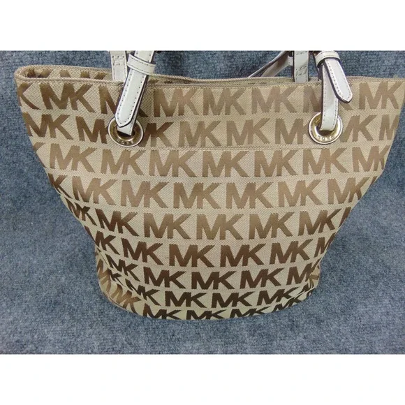 Michael Kors Tote Bag Jet Set MK Signature Logo Beige Brown Leather Trim - Picture 5 of 16